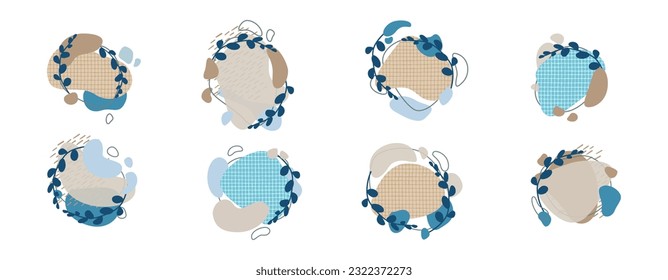 Set of abstract natural frames. Graceful eucalyptus branch. Flat shapes with linen texture. Random spots in natural shades of beige and blue. Collection of various textural volumetric elements. 