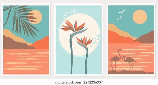 A set of abstract natural posters with the sea, clouds and the sun. Silhouettes of flamingos, strelitzia flowers. Tropical exotic standing landscape. Vector graphics.