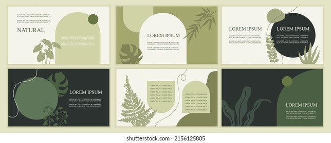 Conjunto de plantillas naturales abstractas para la presentación. Hojas verdes y plantas. Banners horizontales. Ilustraciones vectoriales planas. EPS 10. Cosmética orgánica