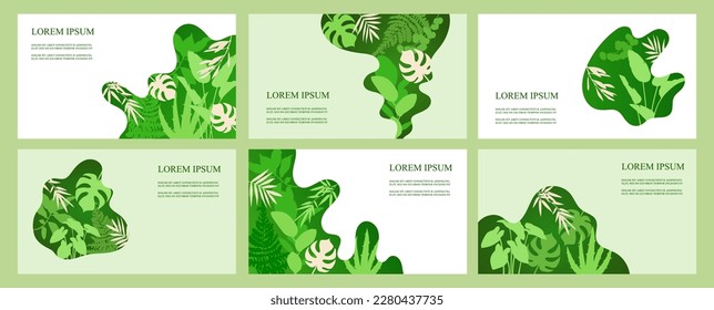 Conjunto de plantillas naturales abstractas para la presentación. Hojas verdes y plantas. Banners horizontales. Ilustraciones vectoriales planas. EPS 10. Cosmética orgánica. Diseño de papel	
