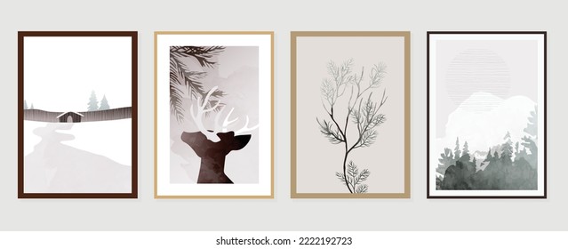 Conjunto de arte abstracto del paisaje natural de invierno. Colección de casas acuarelas, renos, árboles. Diseño adecuado para decoración de pared, interior, afiche, impresión, cubierta, papel pintado. Ilustración vectorial.