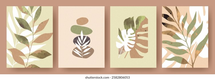 Set of abstract nature contemporary art foliage poster design template. Leaves, monstera, palm, organic shapes, earth tones, leaf branches. Illustration for packaging, decor, cover, wall art, print