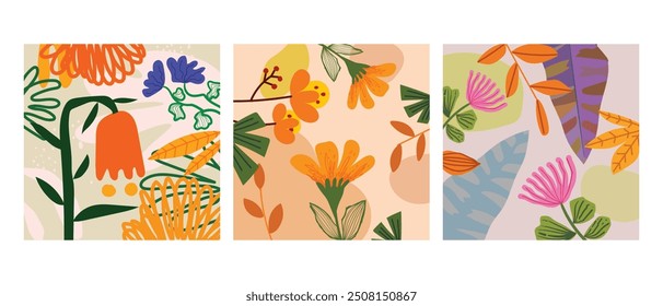 Set of abstract nature, floral, plants and flower colorful hand drawn and pattern vector illustration background. Aesthetic design for wall art, prints, cards, cover, poster