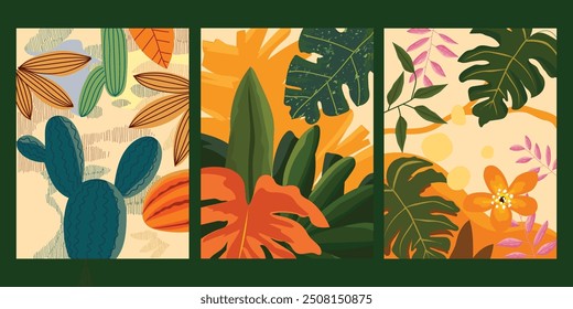 Set of abstract nature, floral, plants and flower colorful hand drawn and pattern vector illustration background. Aesthetic design for wall art, prints, cards, cover, poster