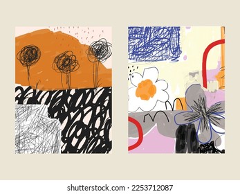 Conjunto de naturaleza abstracta línea dibujada a mano ilustración vectorial para fondo, banner, portada, afiche.
