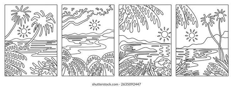 Set of abstract nature seascape tropical landscape banner collection. Trendy flat art style backgrounds of diverse vintage travel scenery. Black and white linear handmade drawing vector illustration.