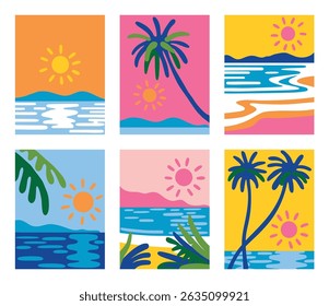 Set of abstract nature seascape tropical landscape banner collection. Trendy flat art style backgrounds of diverse vintage travel scenery. Handmade drawing vector illustration.