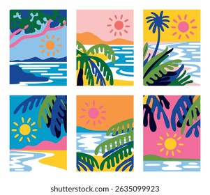 Set of abstract nature seascape tropical landscape banner collection. Trendy flat art style backgrounds of diverse vintage travel scenery. Handmade drawing vector illustration.
