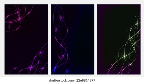 Set of abstract neon backgrounds with glowing lines, stars and dots. For covers, wallpapers, branding, social media and other projects. For the web and print.