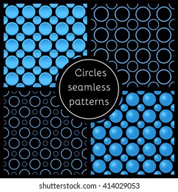 Set of abstract neon circles on black background. Vector seamless pattern. 