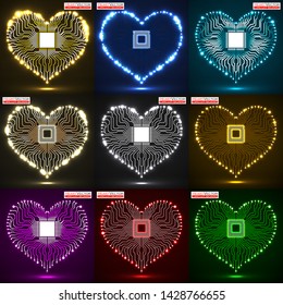 Set of abstract neon electronic circuit board in shape of heart, technology background, vector illustration eps 10