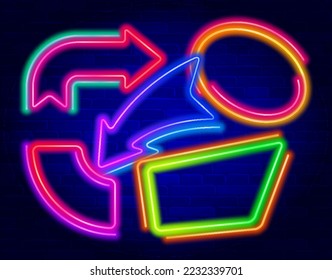 Set of abstract neon frames and arrows. Collection of abstract neon color borders. Abstract background in vibrant colors with copy space. Stock vector futuristic design elements.