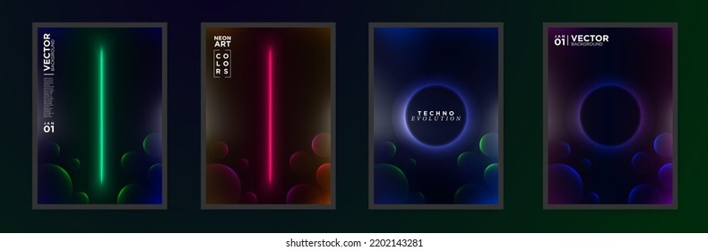 Set of Abstract Neon Glow Posters. Aesthetic gradient light lines and round frames on dark gradient background with 3d spheres. Editable Vector Templates.