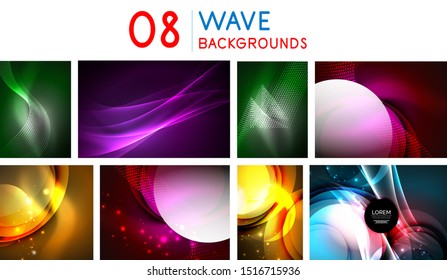 Set of abstract neon graphic design backgrounds, digital geometric futuristic light patterns. Flowing fluid techno templates. Vector art