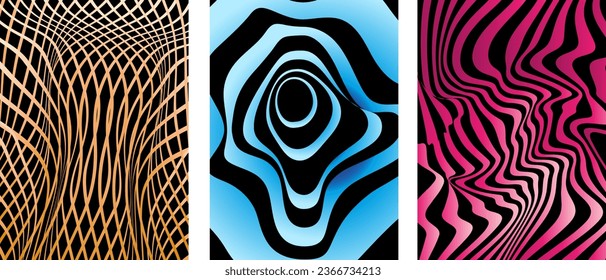 Set of Abstract Neon Groovy Hippie 70s backgrounds. Waves, Swirl, Twirl pattern with line, circle. Twisted and distorted vector texture in Trendy Retro Psychedelic style. Y2k Vector aesthetic.