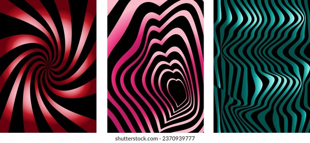 Set of Abstract Neon Groovy Hippie 70s backgrounds. Waves, Swirl, Twirl pattern with line, circle. Twisted and distorted vector texture in Trendy Retro Psychedelic style. Y2k Vector aesthetic.