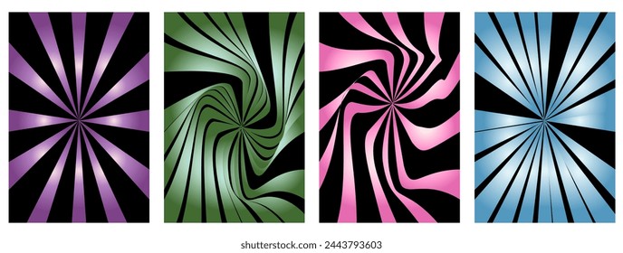Set of Abstract Neon Groovy Hippie 70s backgrounds. Waves, Swirl, Twirl pattern with line. Twisted and distorted vector texture in Trendy Retro Psychedelic style. Y2K Gradient Vector aesthetic. 