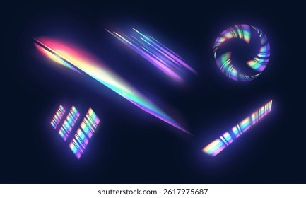 Set of abstract neon objects with rainbow glow on dark background. Light and refraction vector for use in digital design, interfaces, visual effects, sci-fi animations