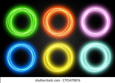 Set of abstract neon rings for design. Abstract shiny light circles. Colorful neon circle glowing frames. Vector illustration