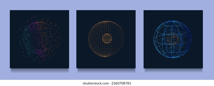 Set Abstract Network Technology with Dot, Point. Science Global Concept Bright Dot, Line in the Form Circle on Black Background. Futuristic Wireframe Geometric Grid. 3d Explosion Effect.