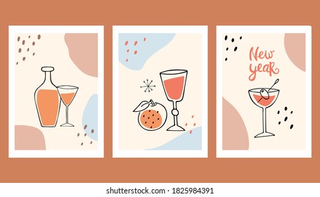 
Conjunto de tarjetas abstractas de Año Nuevo. Todavía la vida. Arte moderno. Ilustración vectorial en colores pastel.