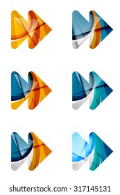 Set of abstract next play arrow icon, business logotype concepts, clean modern geometric design. Created with transparent abstract wave lines