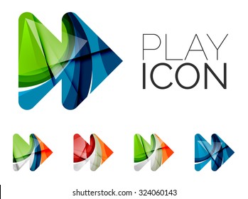 Set of abstract next play arrow icon, business logotype concepts, clean modern geometric design. Created with transparent abstract wave lines