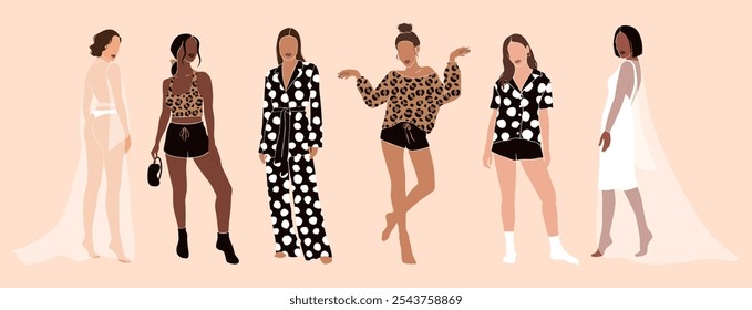 Conjunto de retratos abstractos de cuerpo completo sin cara de mujeres jóvenes en pijamas y ropa para el hogar, mujeres en ropa de dormir cómoda, chicas hermosas en ropa de salón, concepto de cuidado personal, Ilustraciones vectoriales aisladas