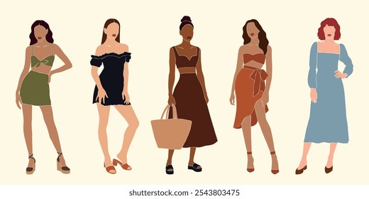 set of abstract no face full body portraits of young women in vacation outfits, females in boho looks, beautiful girls in summer clothes, isolated vector illustrations