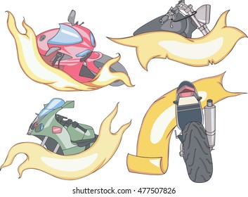 Set of abstract no-brand motorbike templates with yellow ribbons. Vector illustrations.