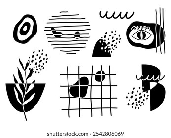 Set of abstract objects. Freehand drawing. Black and white composition for decoration. Flat vector illustration, eps10