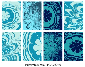 Set of abstract ocean marble art. Natural random ebru. Artistic style with the swirls of marble or the ripples of agate stone. Blue paint shapes. Vector.