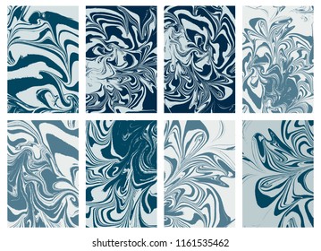 Set of abstract ocean marble art. Natural random ebru. Artistic style with the swirls of marble or the ripples of agate stone. Blue paint shapes. Vector.