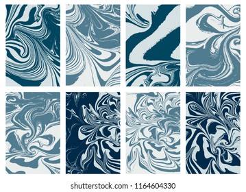 Set of abstract ocean marble art. Natural random ebru. Artistic style with the swirls of marble or the ripples of agate stone. Blue paint shapes. Vector.