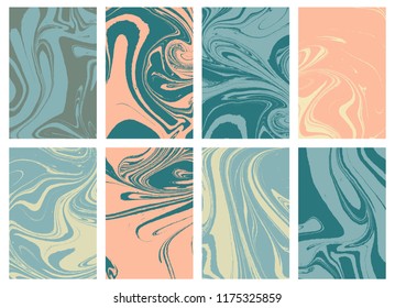 Set of abstract ocean marble art. Natural random ebru. Artistic style with the swirls of marble or the ripples of agate stone. Blue paint shapes. Vector.