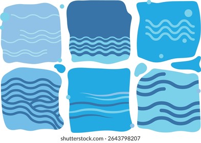 Set of abstract ocean wave illustrations in blue tones. Perfect for summer, ocean-themed designs, kids' prints, and editable vector projects. EPS format.