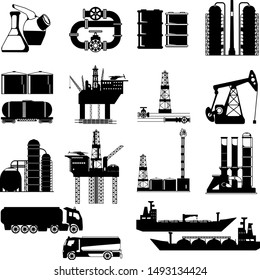 Set of abstract  oil and gas heavy industry icons featuring energy, oil rigs, industrial equipment for storage and transportation. 