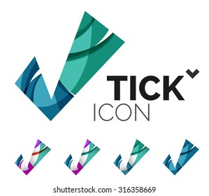 Set of abstract OK and tick icons, business logotype concepts, clean modern geometric design. Created with transparent abstract wave lines