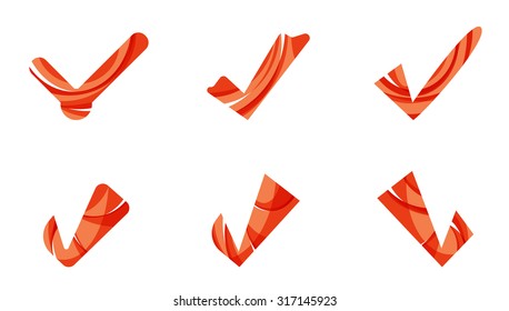 Set of abstract OK and tick icons, business logotype concepts, clean modern geometric design. Created with transparent abstract wave lines