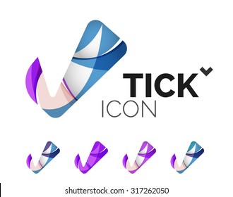 Conjunto de iconos abstractos OK y tick, conceptos de logotipo empresarial, diseño geométrico moderno y limpio. Creado con líneas de onda abstractas transparentes
