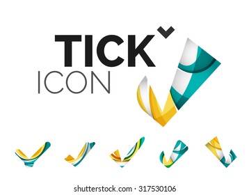 Set of abstract OK and tick icons, business logotype concepts, clean modern geometric design. Created with transparent abstract wave lines