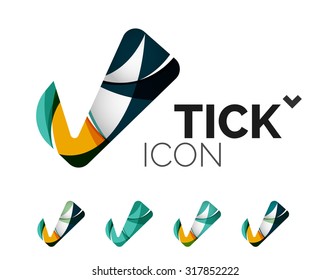 Conjunto de iconos abstractos OK y tick, conceptos de logotipo empresarial, diseño geométrico moderno y limpio. Creado con líneas de onda abstractas transparentes