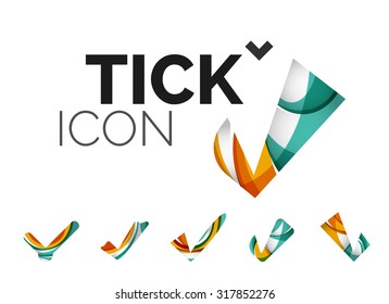 Set of abstract OK and tick icons, business logotype concepts, clean modern geometric design. Created with transparent abstract wave lines