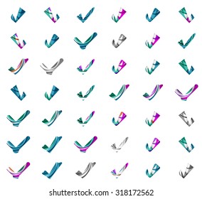 Set of abstract OK and tick icons, business logotype concepts, clean modern geometric design. Created with transparent abstract wave lines
