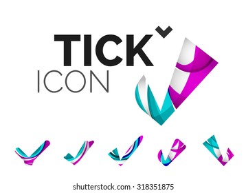 Set of abstract OK and tick icons, business logotype concepts, clean modern geometric design. Created with transparent abstract wave lines