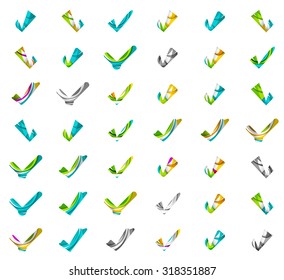 Set of abstract OK and tick icons, business logotype concepts, clean modern geometric design. Created with transparent abstract wave lines
