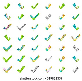 Set of abstract OK and tick icons, business logotype concepts, clean modern geometric design. Created with transparent abstract wave lines