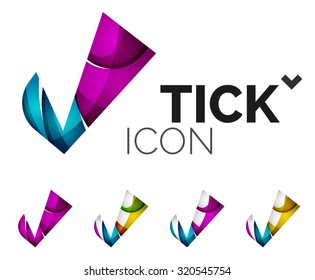 Set of abstract OK and tick icons, business logotype concepts, clean modern geometric design. Created with transparent abstract wave lines