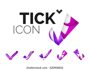 Set of abstract OK and tick icons, business logotype concepts, clean modern geometric design. Created with transparent abstract wave lines
