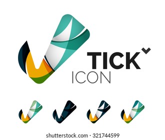 Set of abstract OK and tick icons, business logotype concepts, clean modern geometric design. Created with transparent abstract wave lines